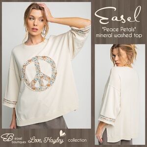 EASEL "Peace Petals" Mineral Washed Cotton Side Slits Peace Sign Patch Raw Seams